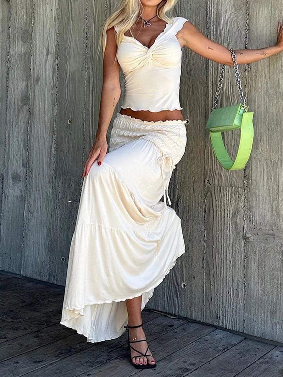 

Women Summer 2 Piece Outfits Lettuce Trim Off-Shoulder Tops and Elastic Ruched Long Skirt Set for Streetwear