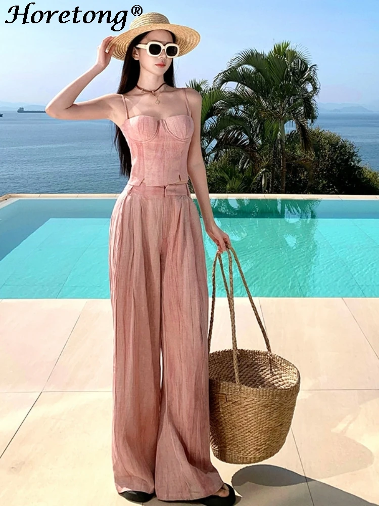 

Women's 2 Piece Set Pink Tie Dye Spaghetti Strap Cami Crop Top & High Waist Wide Leg Pants Summer Beach Vacation Flowy Outfit