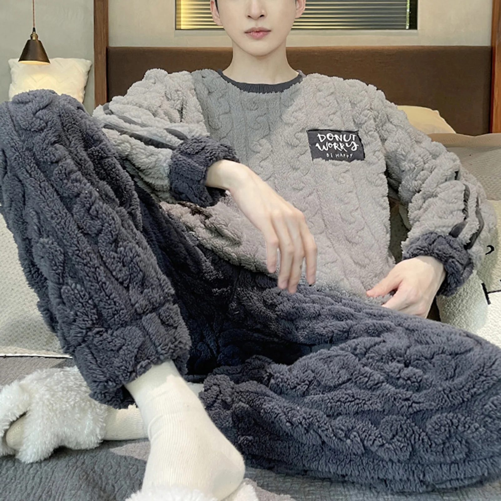Men Winter Loungewear Men\'s Winter Loungewear Plush Warm Coat Coral Fleece Pants Set for Cozy Homewear Men Long Johns Set