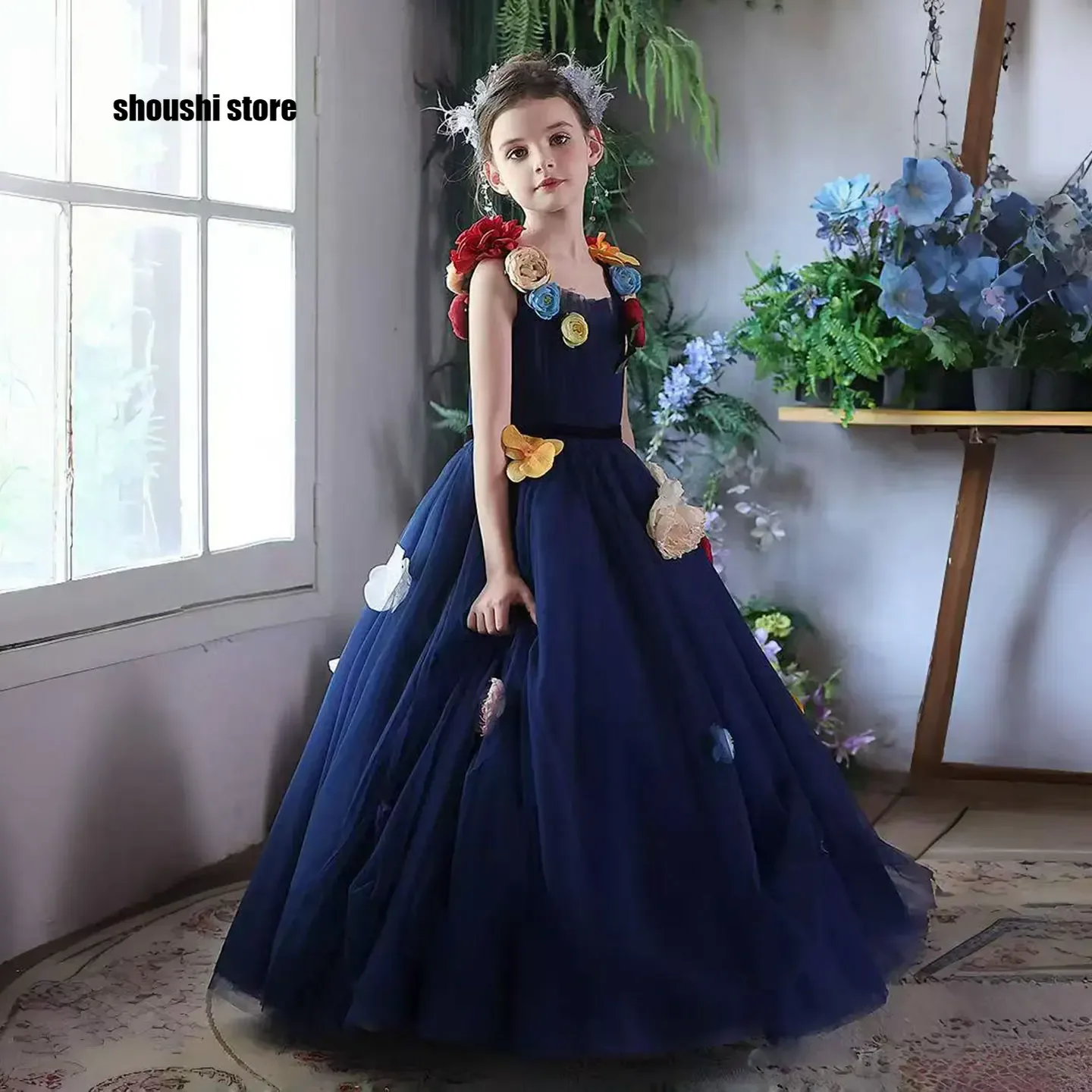

2025 Wish J013 Luxury Navy Blue Flower Girl Dress Tulle Flowers Long Princess Kids Wedding Birthday Pageant Party Evening Gown