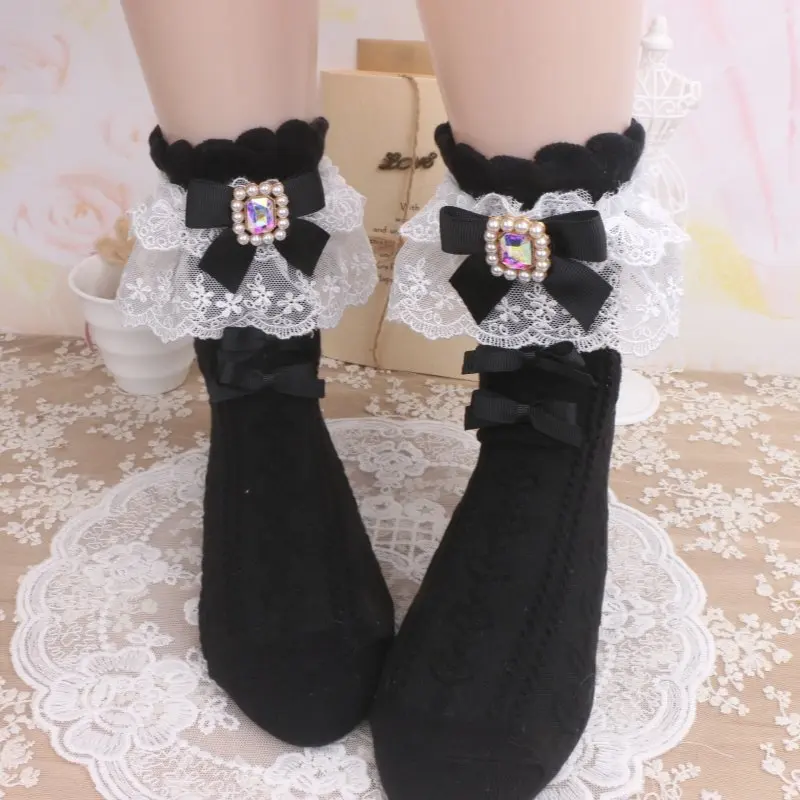 

Хлопковые носки Sweet Lolita, короткие носки с декоративным бантом ручной работы, стразами и кружевом в стиле Харадзюку Каваи
