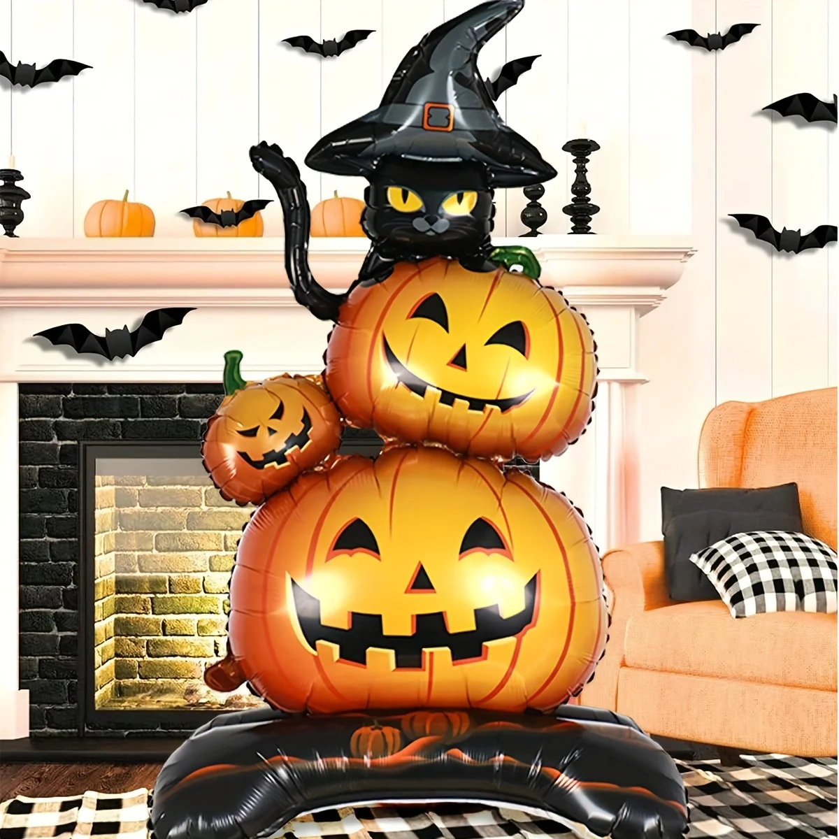 1 Stück extra großer 55-Zoll-Halloween-Kürbis, schwarze Katzen, Ballon, stehende Dekoration, für drinnen und draußen, Halloween-Party-Dekorationen