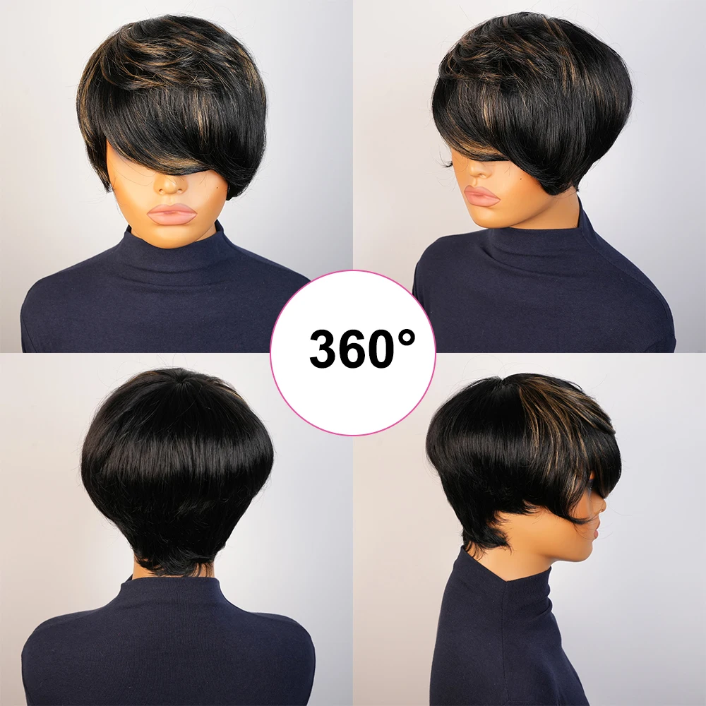 Коричневый мелированный короткий парик из натуральных волос с стрижкой пикси, прямой парик, бразильские волосы с предварительно выщипанной челкой для женщин, кепка машинного производства