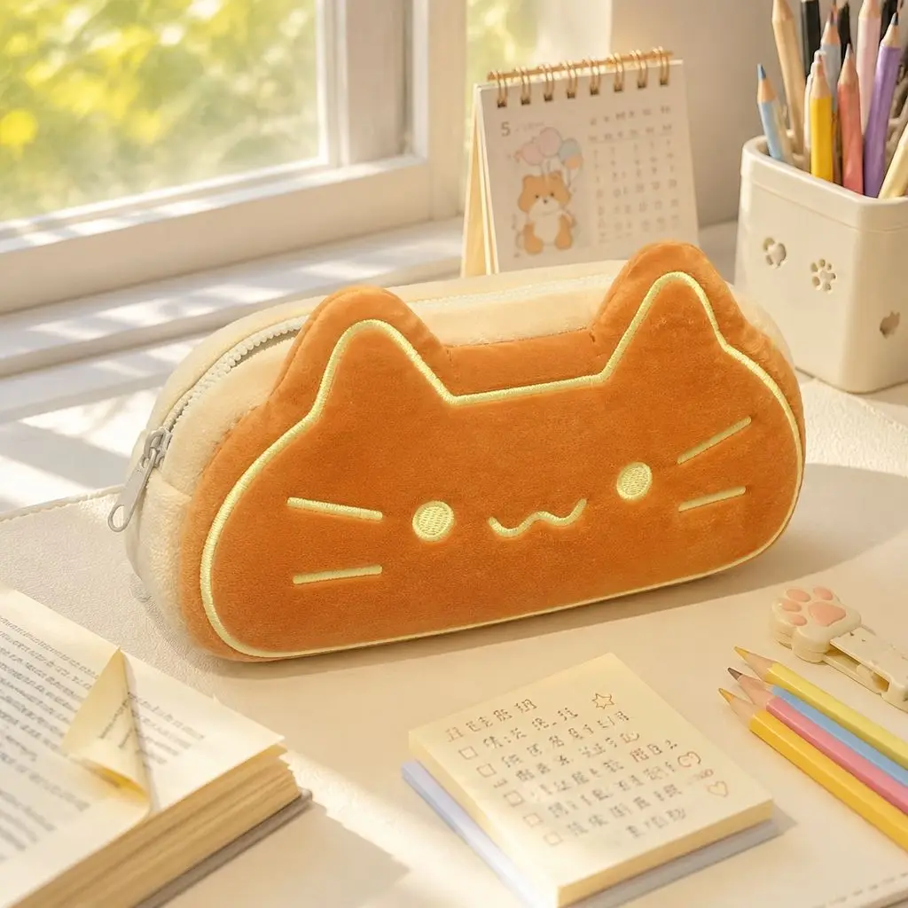 Estojo de Pelúcia Gato Kawaii Portátil para Material Escolar, Estojo Estético Ideal para Presentes de Amantes de Capivara