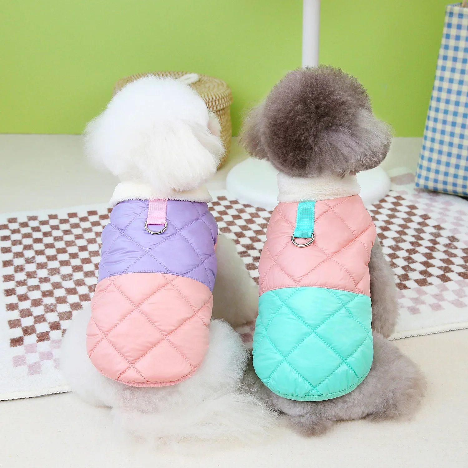 Autumn Winter Color Blocked Dog Parkas Cute Fur Collar Color Blocked Embroidered and Flannel Small Medium-sized Dog Pet Clothes