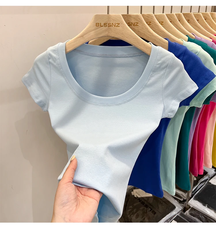 2026 Sexy Quadratischer Ausschnitt Slim T-Shirt Damen Baumwolle Elastisch Basic Einfarbig Lässige Oberteile Kurzarm Dünne T-Shirts Transparent – Detail 24