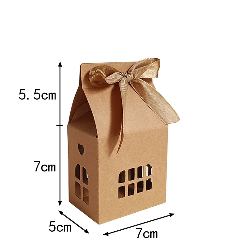12 Stück hausförmige Geschenkboxen mit Band, 6,99 cm x 4,98 cm x 12,29 cm, weißes und braunes Design, Feiertagsparty-Dekorationen, Süßigkeitenverpackung – Detail 2