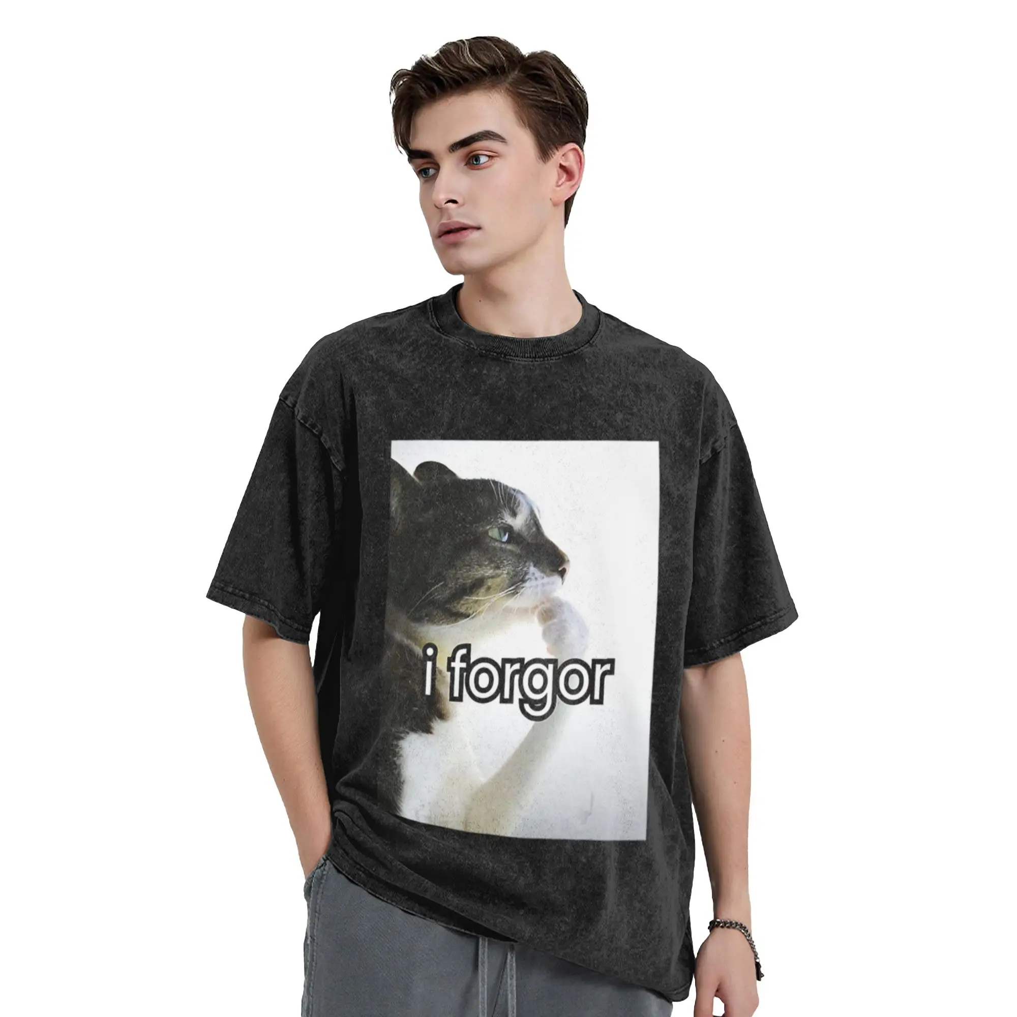 Funny Silly Cat Meme I Forgor Cringe Brainrot Meme Unique Stylish A Vintage Oversized Cotton Unisex T-Shirts