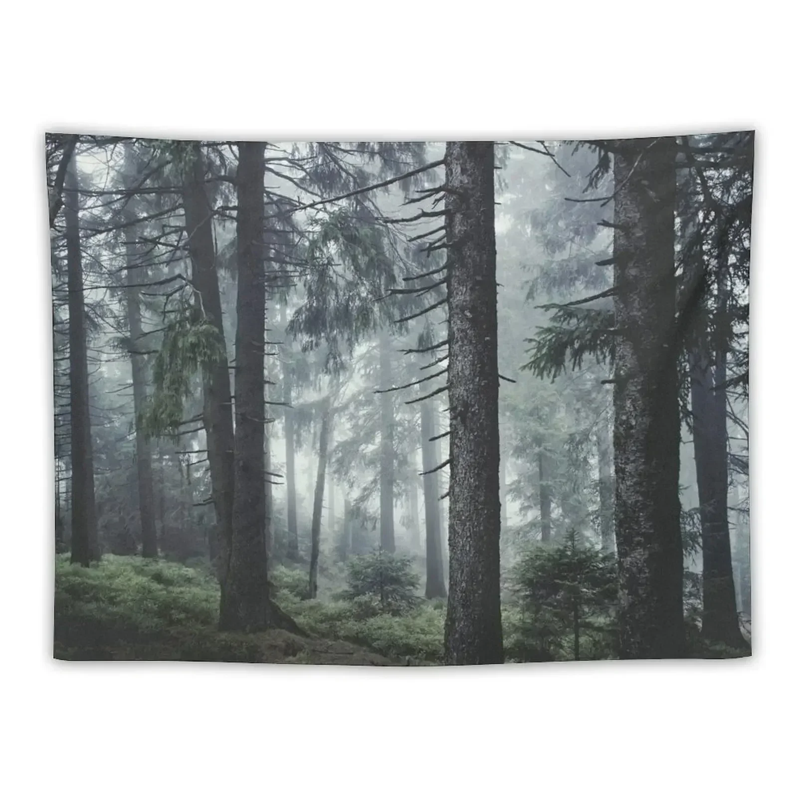 Path Vibes // Wild Romantic Misty Retro Fall Wilderness Fairytale Forest With Cascadia Trees Covered In Magic Blue Fog Tapestry