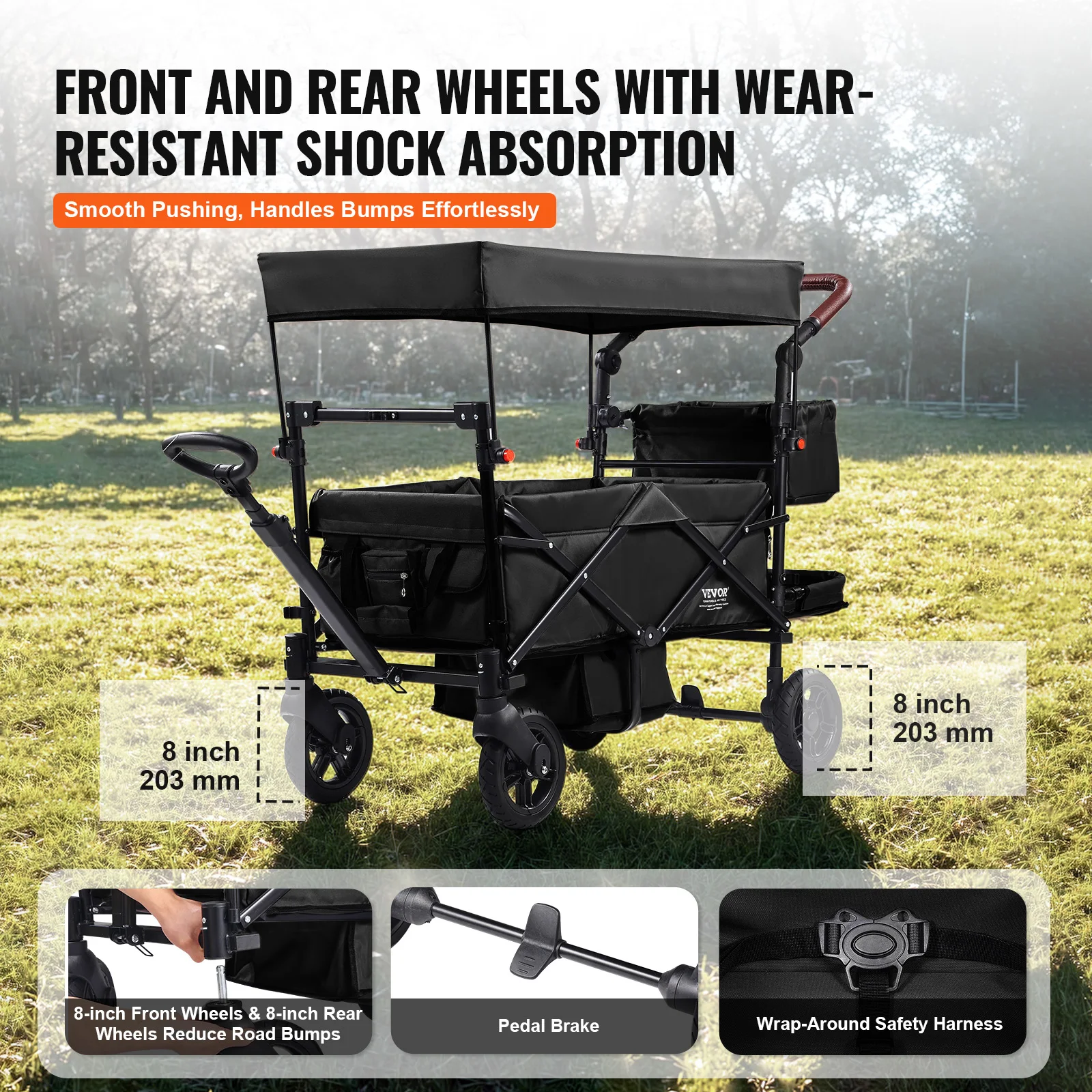 VEVOR Wagon Stroller for 2 Kids Push Pull Quad Collapsible Stroller with Adjustable Handle Encircling Harness Removable Canopy
