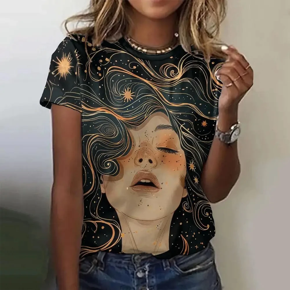 

Summer New Women's T Shirt Fashion Round Neck Cartoon Print Casual Loose Pullover Elegant Oversized Short Sleeve Tees Y2k Tops