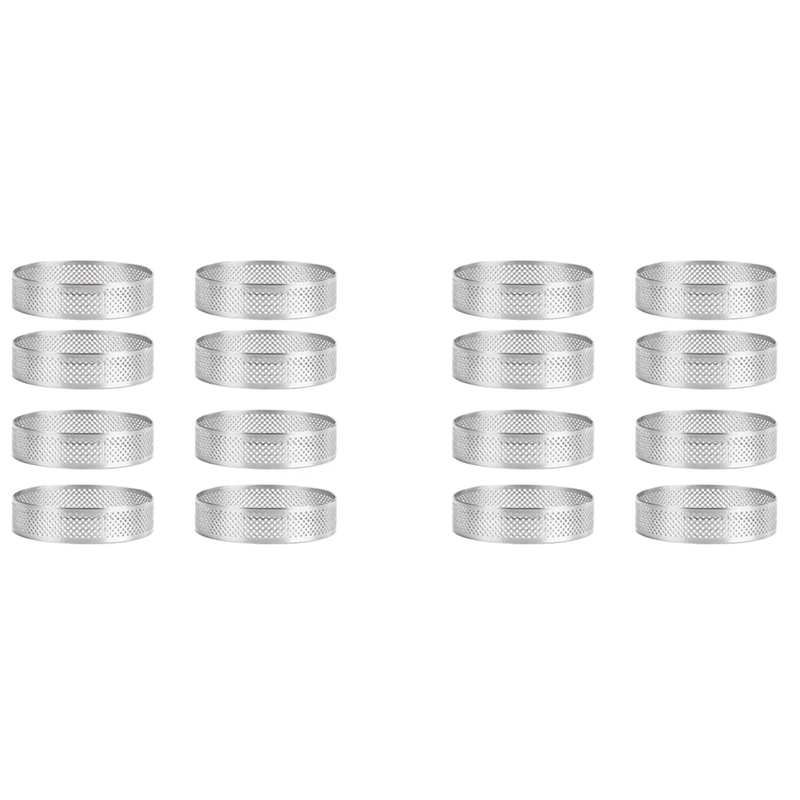 16Pcs Stainless Steel Tart Ring, Heat-Resistant Perforated Cake Mousse Ring Round Double Rolled Tart Ring Metal Mold 8Cm