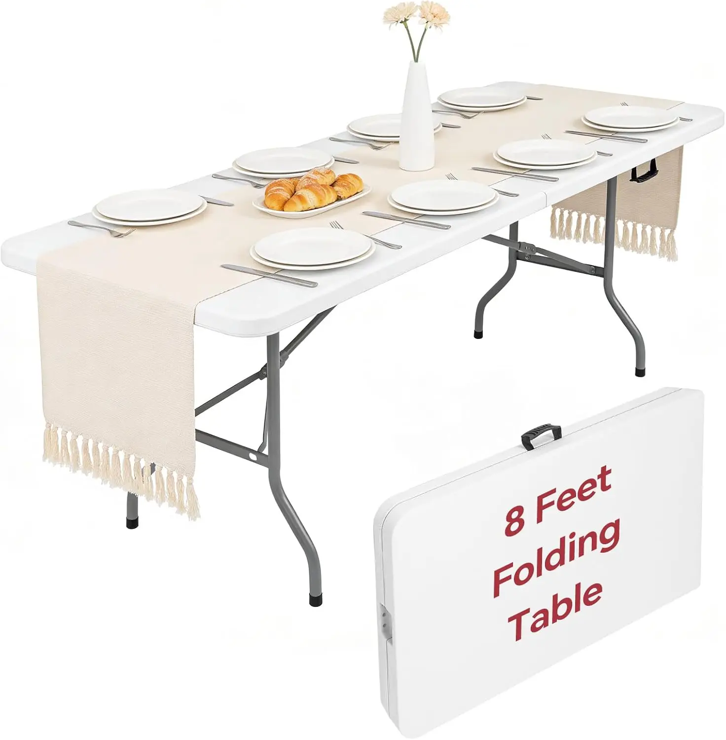 8 Foot Folding Table Portable, 8FT Folding Dining Table for Indoor Outdoor, Heavy Duty Fold-in-Half