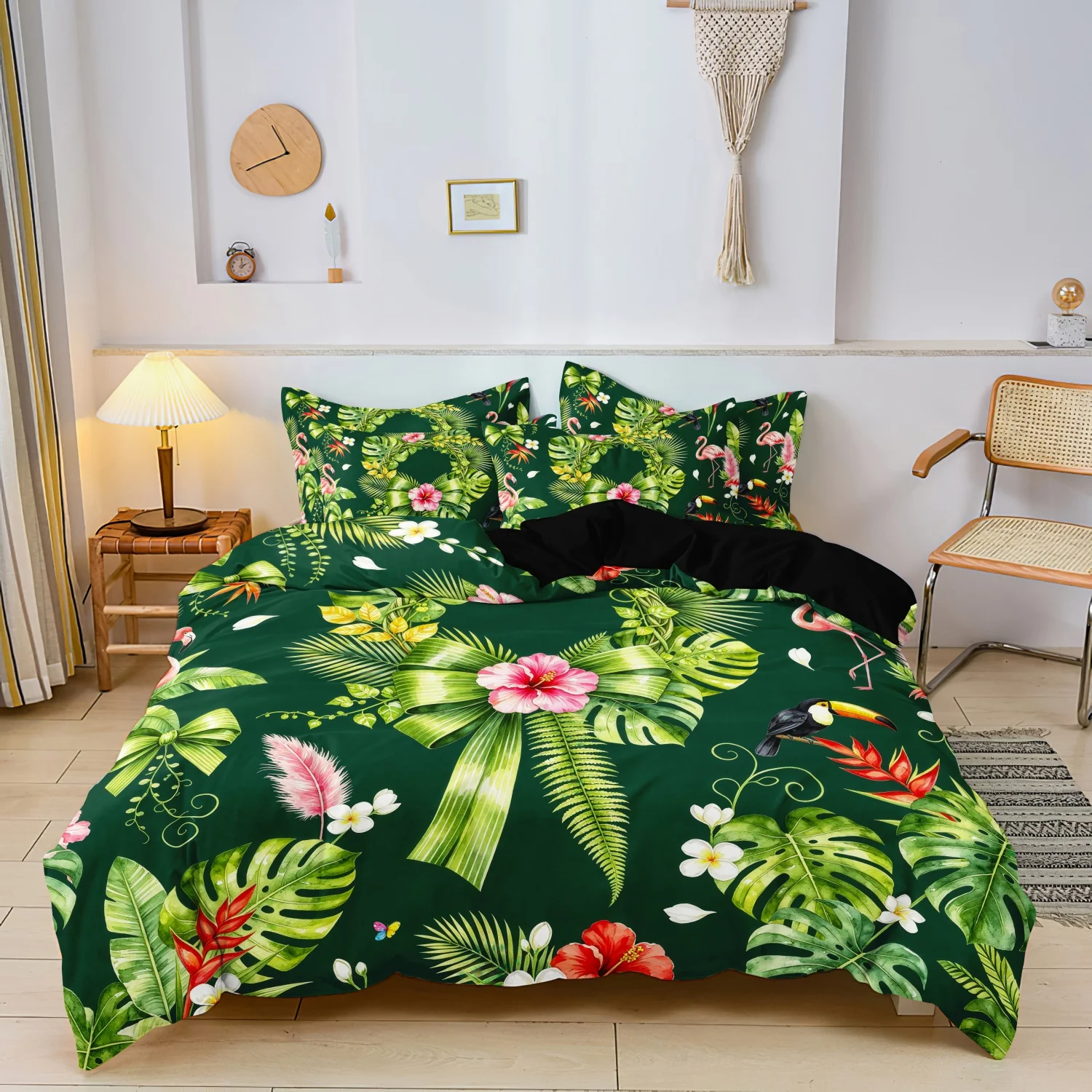 3pcs Tropical Flamingo Fitted Sheet Set, Dark Green Palm Leaf Hibiscus Bird Print Bedding,For Family Bedrooms Dormitories Hotels