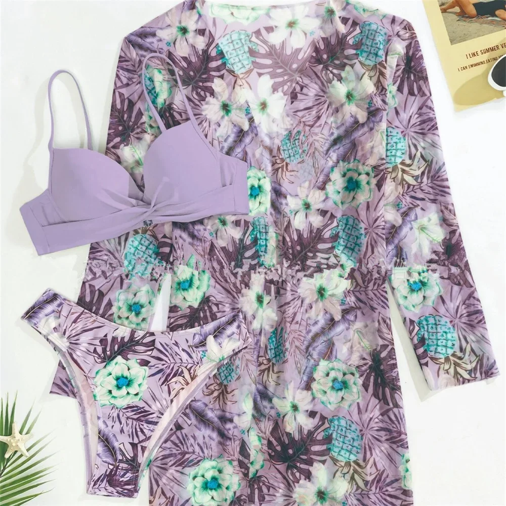 Bloemenprint Bikini Badpak Strand Cover-Up Vakantie Badmode Push Up Badpak Dames Trend 3-delige Outfit Biquinis Feminnino