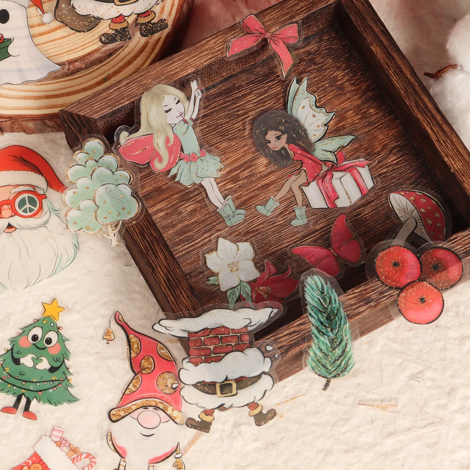 64 Stück Kunstdruckpapier und PET-Weihnachtsfee, transparenter selbstklebender Aufkleber, für Weihnachtsdekoration, Scrapbooking-Zubehör – Detail 4
