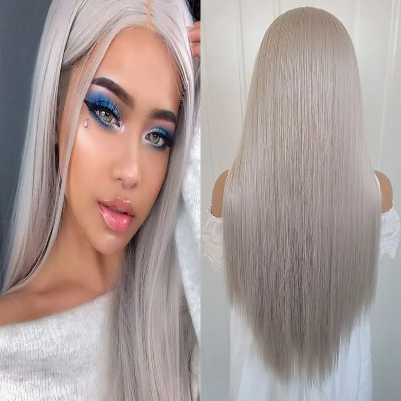 

Platimum Grey Straight Synthetic 13x4 Lace Front Wigs High Quality Heat Resistant Fiber Hair Natural Hairline For White Women