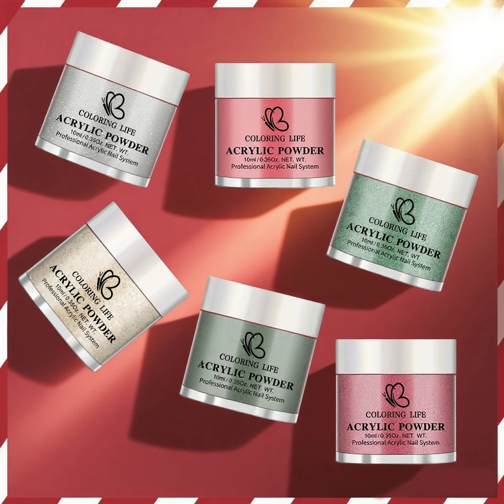 ผงอะคริลิคแต่งเล็บคริสต์มาส 6 สี/ชุด สีแดงเขียว กลิตเตอร์ คริสตัล สำหรับต่อเล็บ/ต่อเล็บปลอม