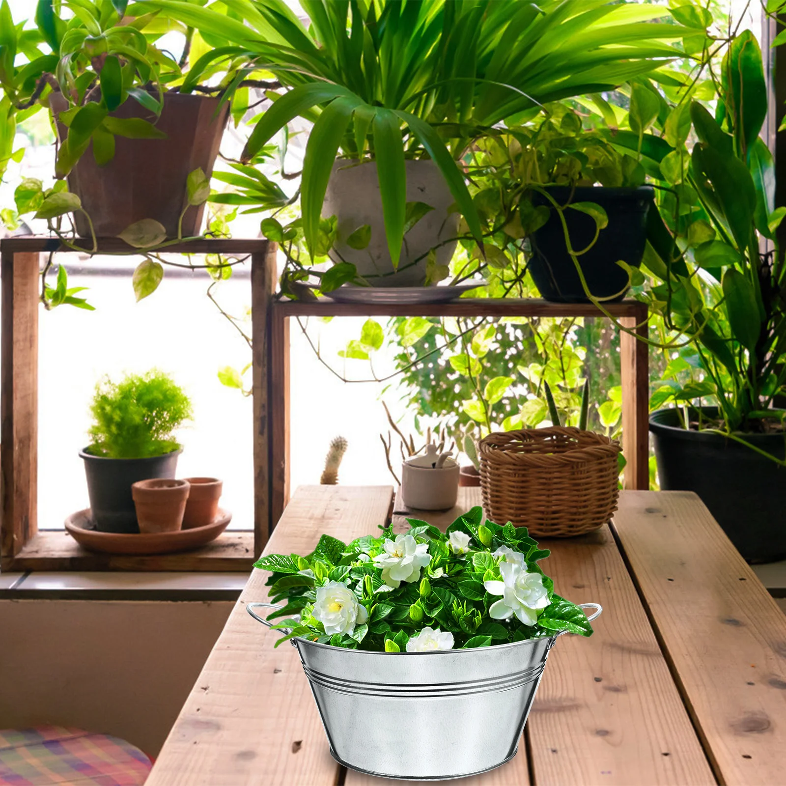 

1Pcs Binaural Iron Bucket Silver Versatile Storage Holder Flower Pot Fruit Vegetable Basket for Home Office Kitchen Garden