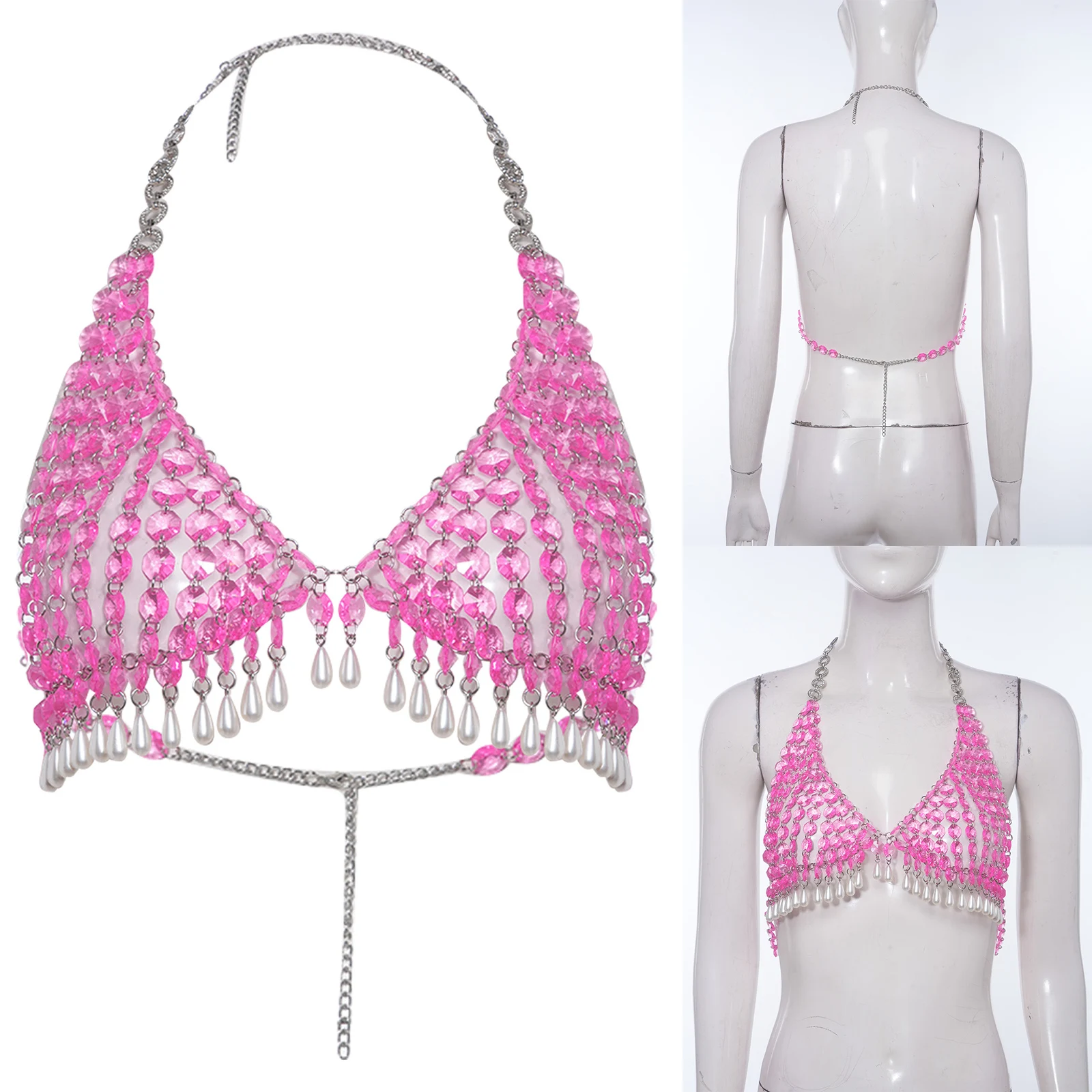 Womens Fashion Sequin Chain Halter Top Sparkly Decor Body Top for Rave Festival Nightclub Beach Party Performance Stage Costume