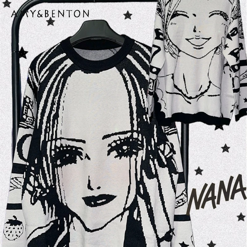 

Gothic Dark Double Sided Jacquard Y2K Cartoon Anime Women's Pullover 2025 Autumn Winter New Round Neck Knitwear Sweater Ladies