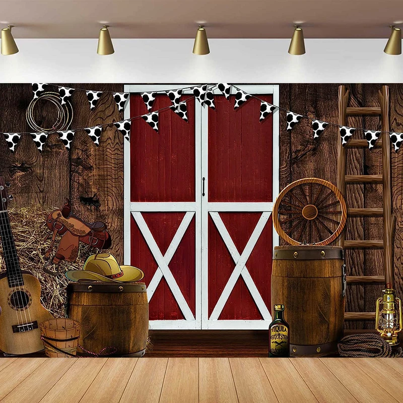 Photography Backdrop Rustic Wooden House Barn Red Farm Door Background Old Western Cowboy Kids Boy Birthday Party Decor Banner