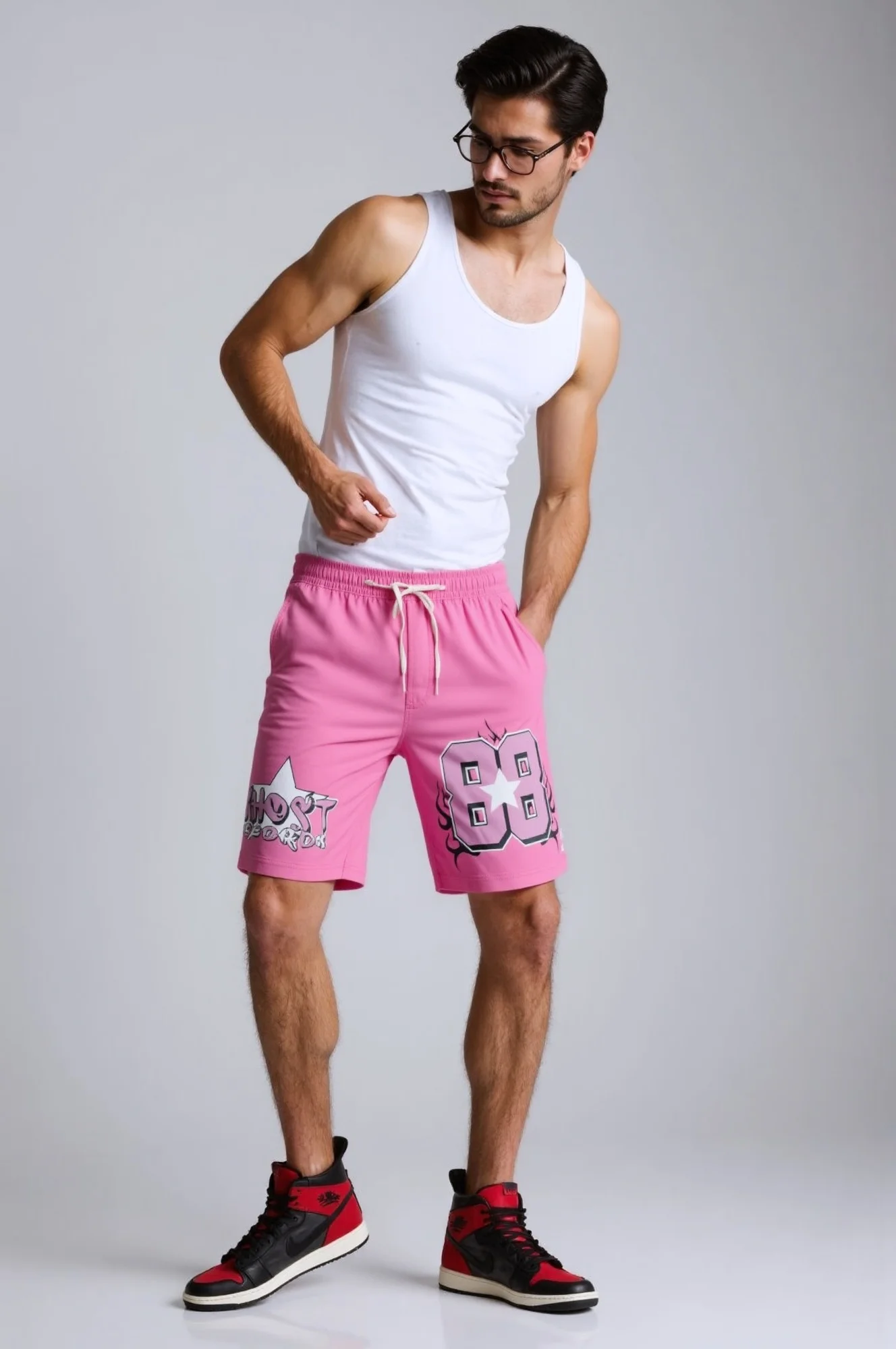

Pink cartoon letter printed men's summer vacation sports shorts, light, breathable, loose, drawstring casual beach pants