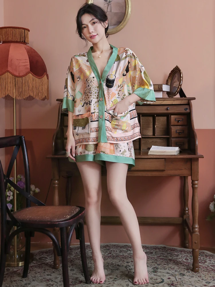 Sexy Ice Silk Pajamas Suit Women Summer New High Quality Fashion New Printed Top Cardigan+shorts Casual Home Clothes Outer Wear