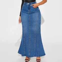 Women High Waist Flare Denim Skirt Solid Color Ankle Length Fashion Casual Skirts Slim