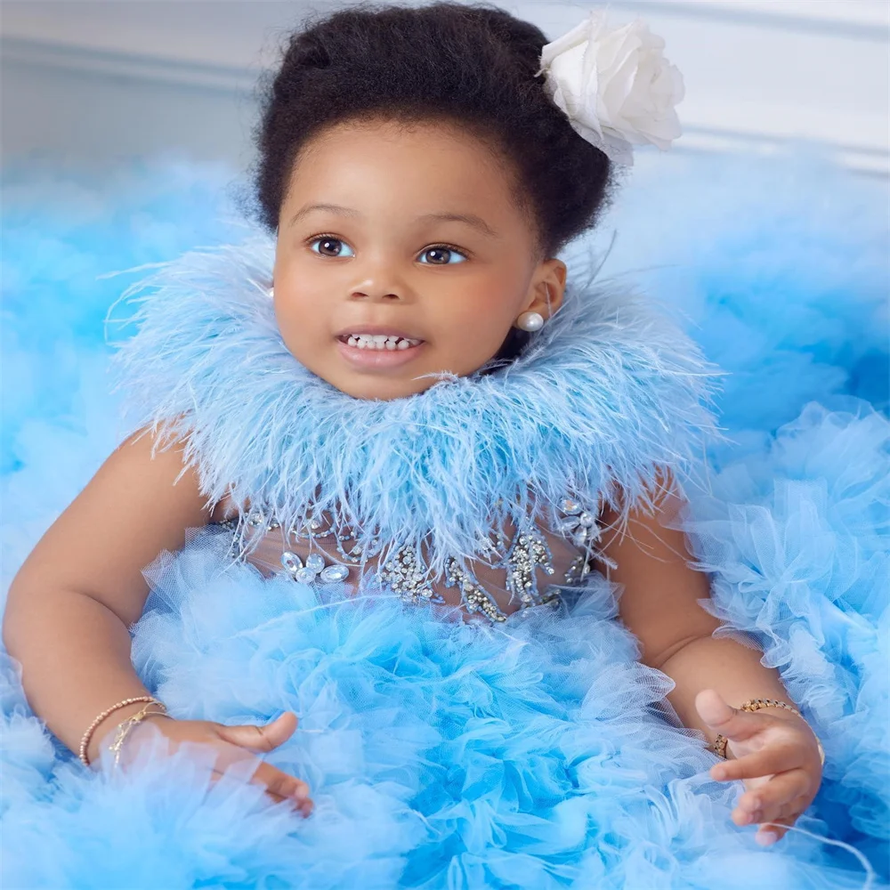 Light Sky Blue Kids Ruffles Flower Girls Dresses Feather Pageant abito di lusso per WeddingParty abiti da compleanno per servizio fotografico