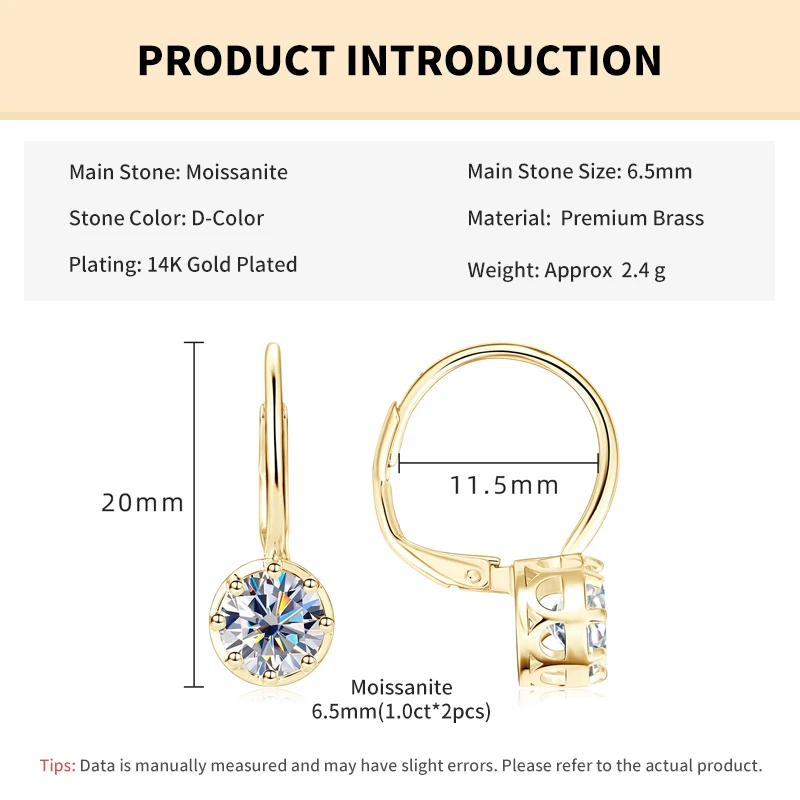Rrjzz Solitaire 6,5 mm D-Farbe Moissanit-Ohrringe mit ausgehöhltem Design für Damen, 1 Karat, acht Krallen, Leverback-Ohrringe, Schmuck – Detail 1