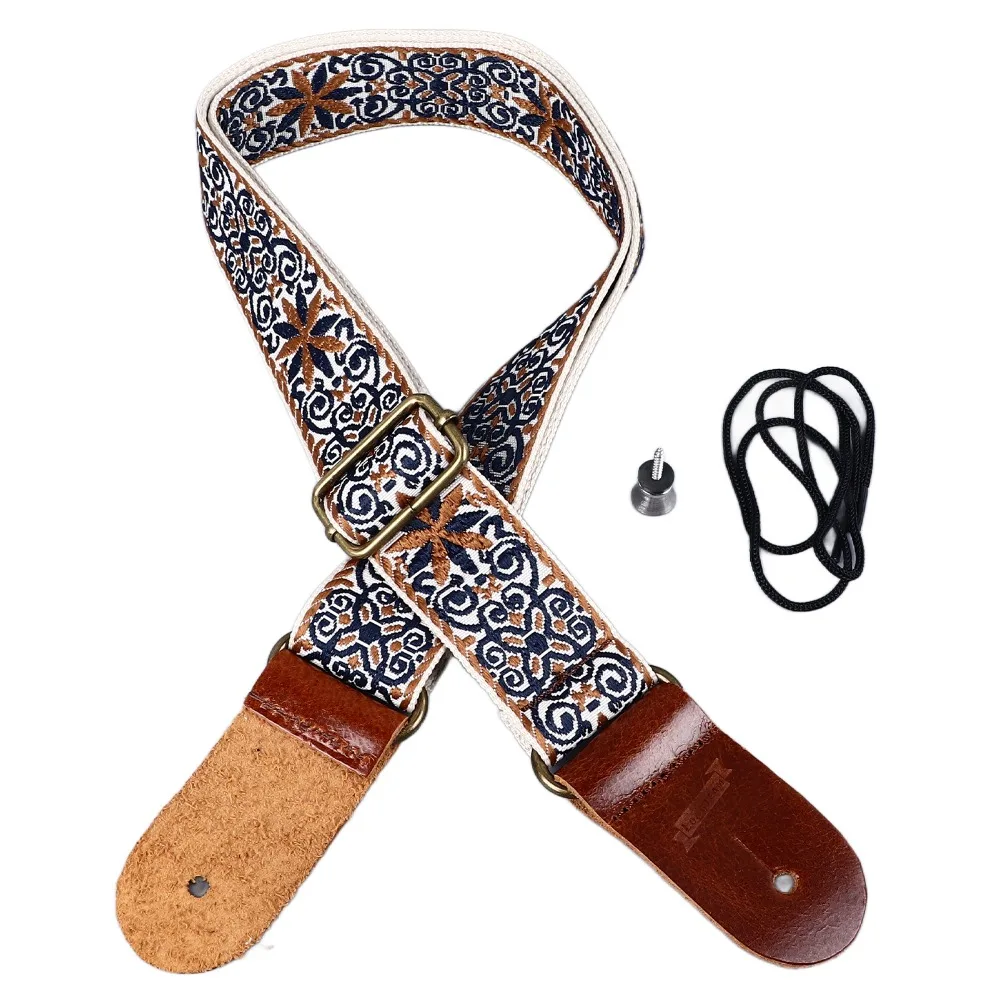 Embroidered Ukulele Strap ​Adjustable Length​ ​Nylon & Leather ​Ukulele Shoulder Strap​ ​National Style Print​