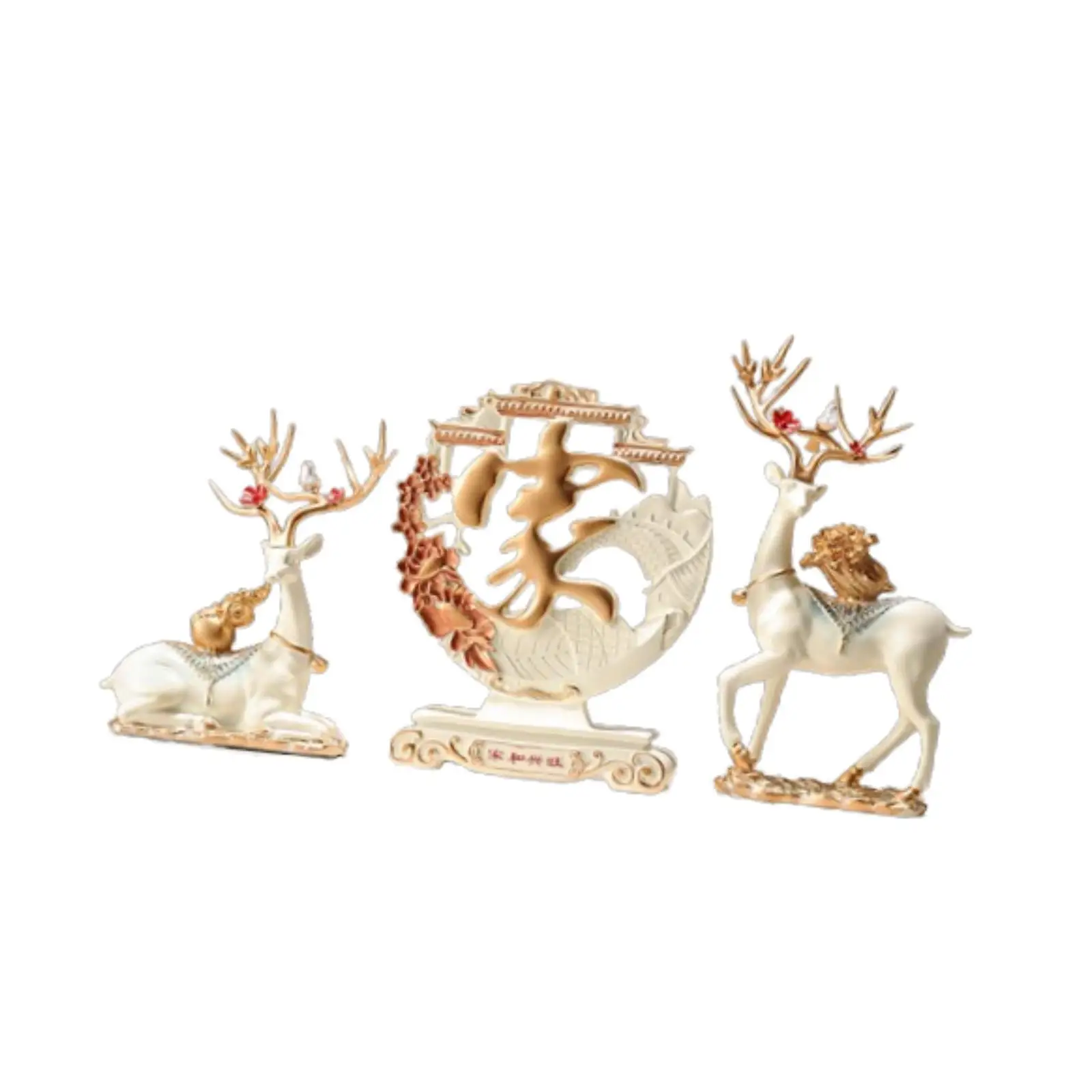 

3x Deer Statues Chinese Character Decoration Set Modern Desktop Ornaments