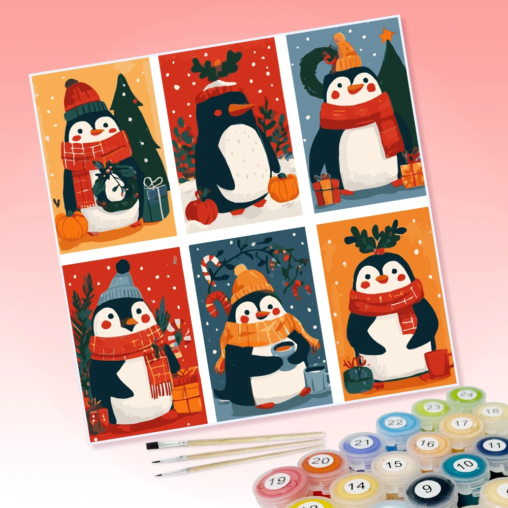 6 Stücke DIY-Malereien mit Motiven von Pinguinen, Winter, Weihnachten und Geschenken, geeignet zur Wanddekoration im Haus. – Detail 1