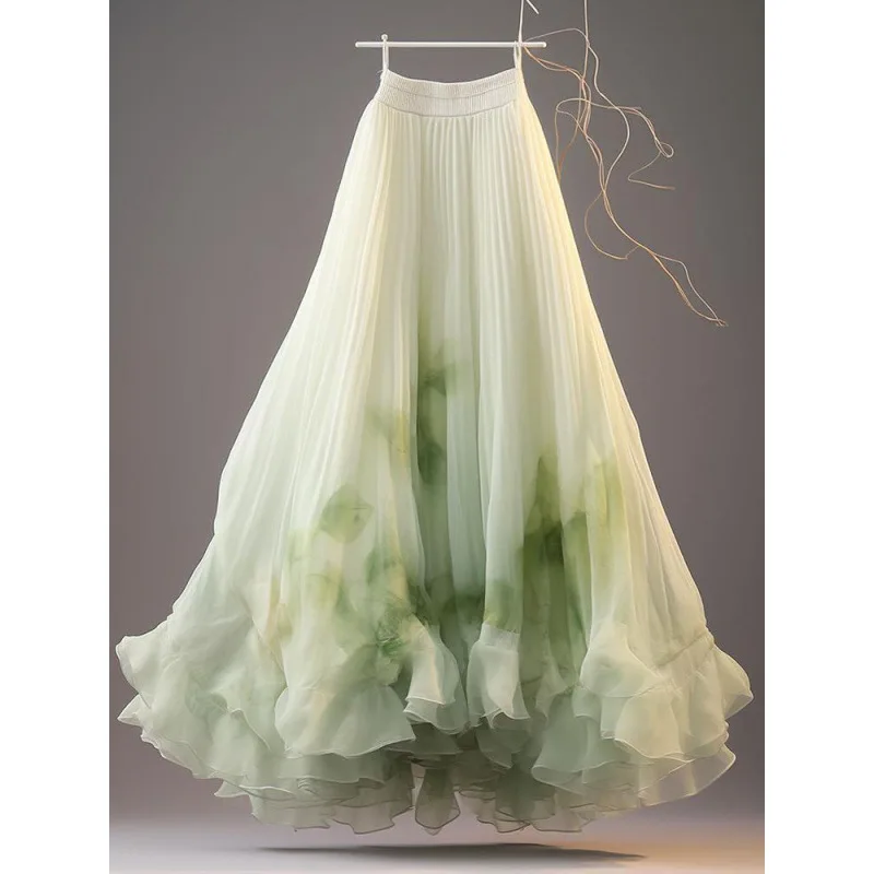 Spring Wear Green Pleated Lace Tie-Dyed Beautiful Little Skirt Seaside Women'S Clothing