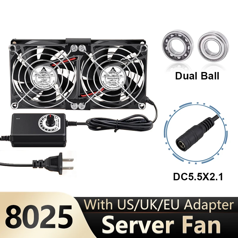 

Gdstime 80x80x25mm DC 12V Violent Server Cooling 80mm Dual Ball Fan With 220V Adapter for Machine Chassis Workstation Cooling