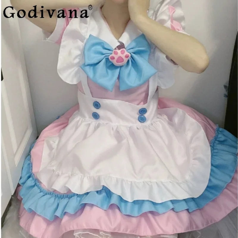 

L-5XL Plus Size Maid Uniform Lolita A-line Short Japanese Dress Girls Cute Sweet Bow Ruffles Cos Short Sleeve High Waist Dresses
