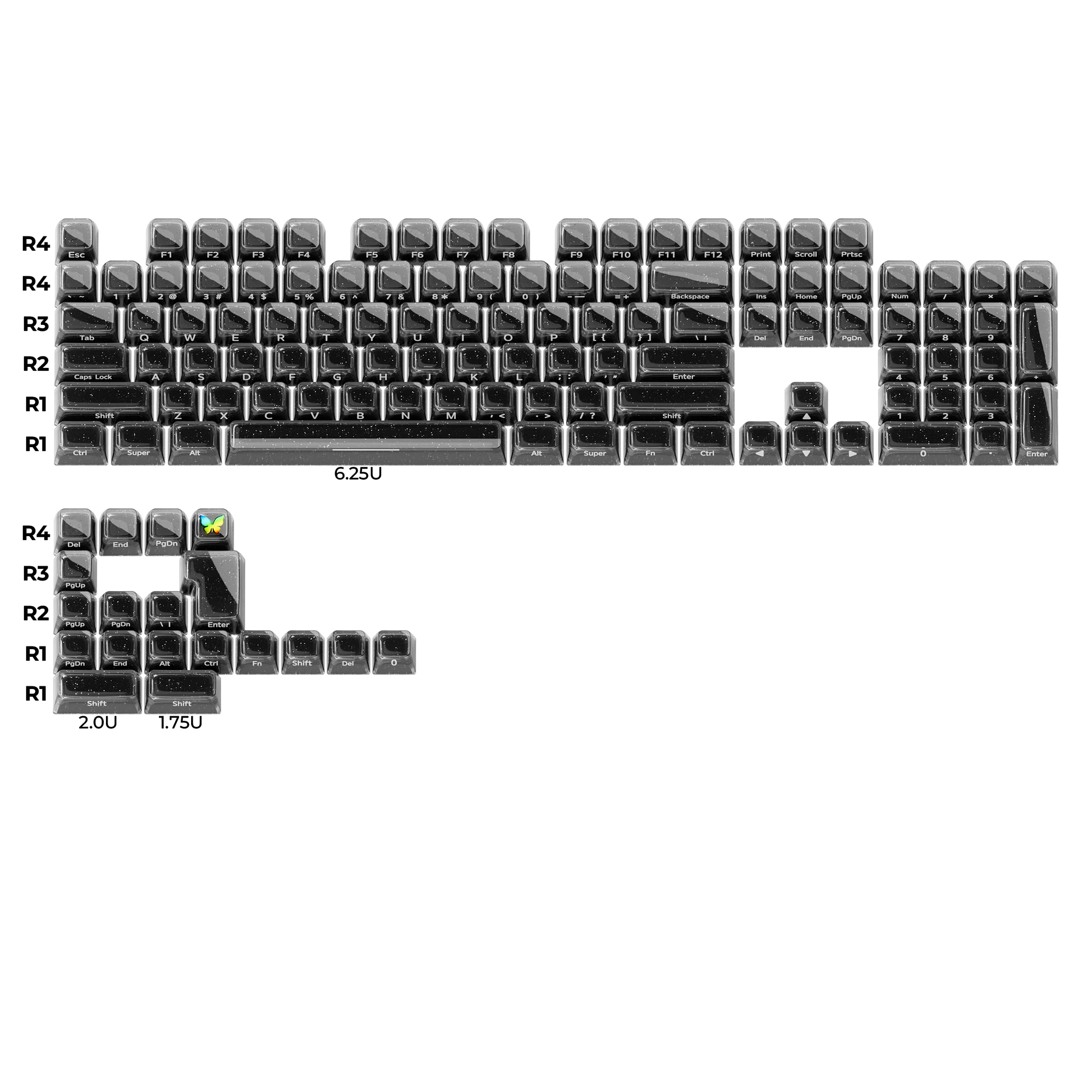 XVX Schwarze Kristall-Tastenkappen mit Glitzerpulver Glänzende Tastenkappen MDA/OEM Profil 122/136 Tasten Double-Shot Glänzendes Tastenkappen-Set
