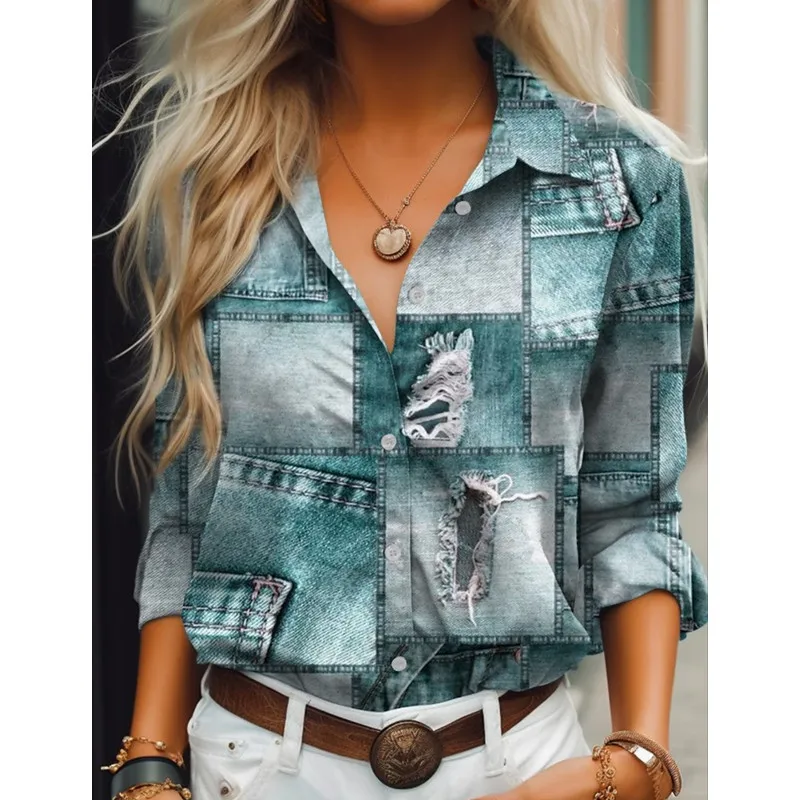 2023 Women\'s Vintage Autumn Blouses New Feshion Long Sleeve Imitation Denim Print Patchwork Casual Women Shirt 5xl Top Clothing