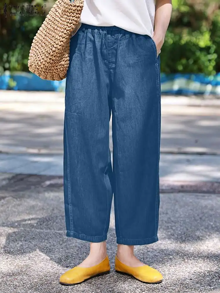 Zanzea-Calças largas de cintura elástica para mulheres, palazzo de harém pantalon vintage, calças grandes no estilo denim, sólidas, moda outono