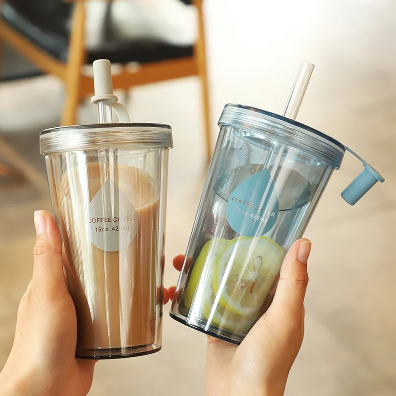 Taza de té de la leche con pajita de doble capa con tapa, taza de agua portátil, taza de té de frutas, pequeña taza de plástico creativa para el verano, botella de agua