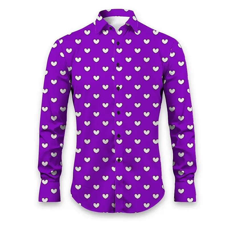 Camisa de manga larga para hombre, camisa informal con forma de corazón para Día de San Valentín, salida diaria, otoño, invierno, solapa, manga larga, azul