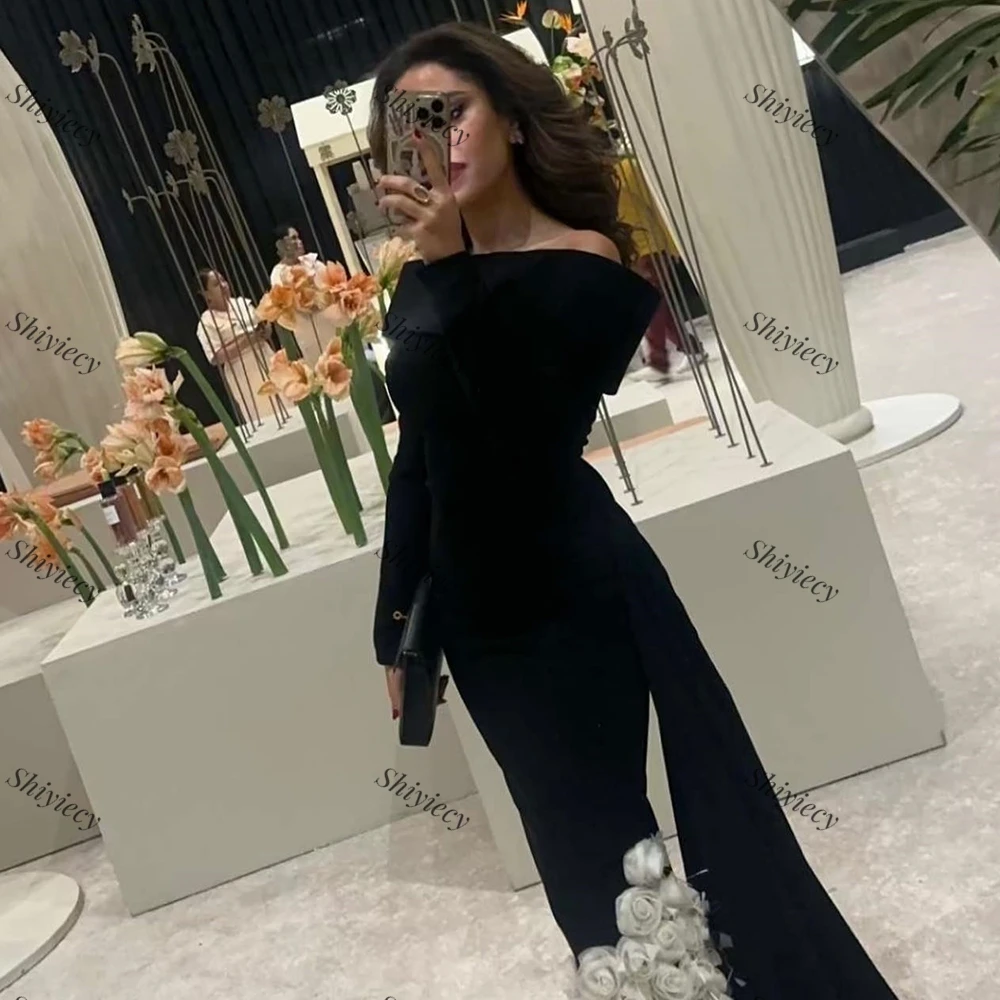 Shiyiecy Black 3D Flowers Evning Dress Saudi Arabia Boat Neck Long Sleeves Staight Prom Gowns 2024 Formal Occasion Dress Custom