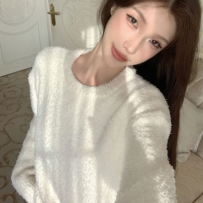 ملابس نوم نسائية نصف صوف شتوية جديدة بلون سادة ملابس منزلية حلوة مريحة ودافئة ومرنة قابلة للانفصال