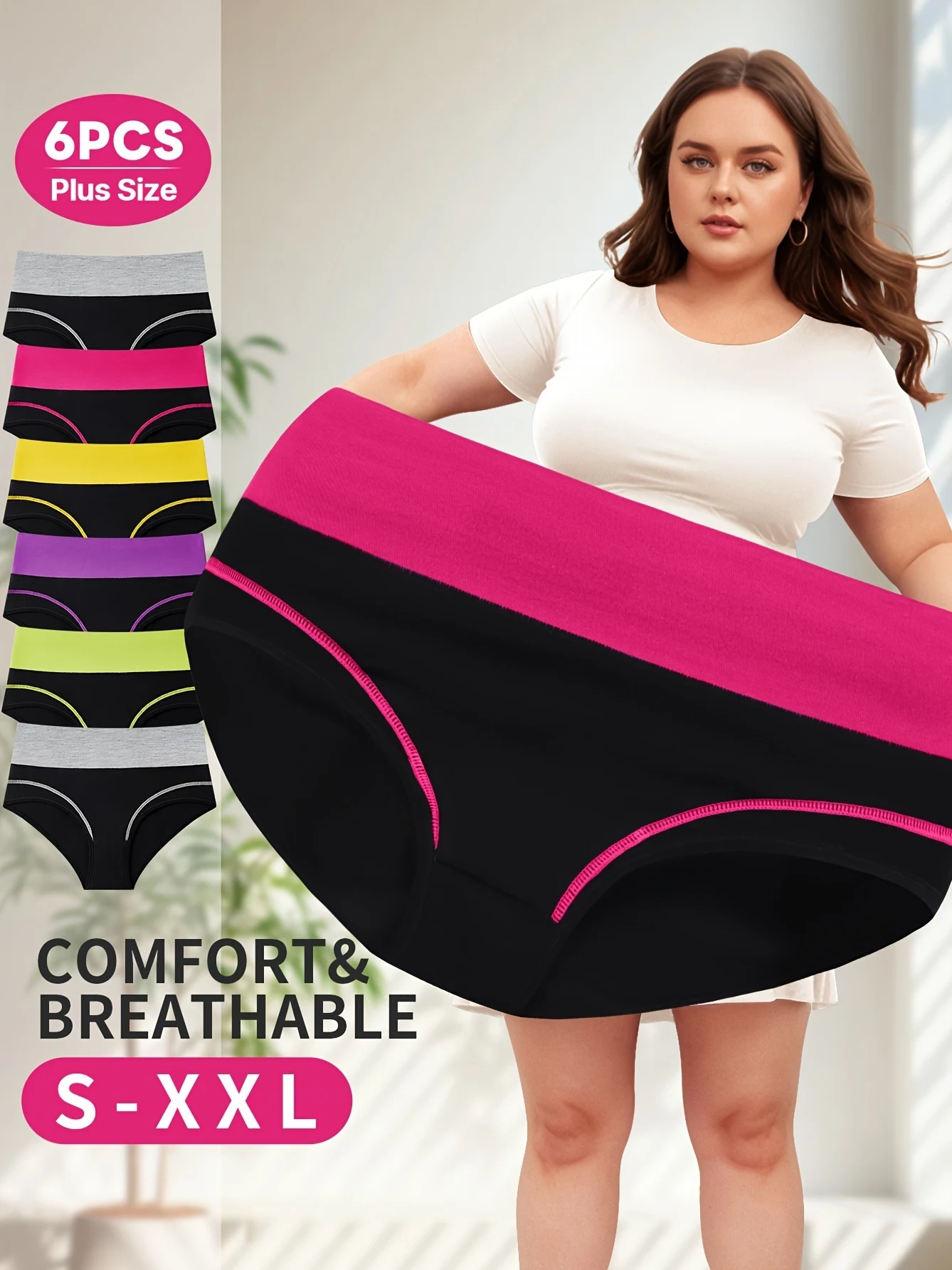 

Комплект из 6 женских трусов с завышенной талией для контроля живота — 95% хлопок, 5% эластан, дизайн в полоску с цветными блоками, дышащие и