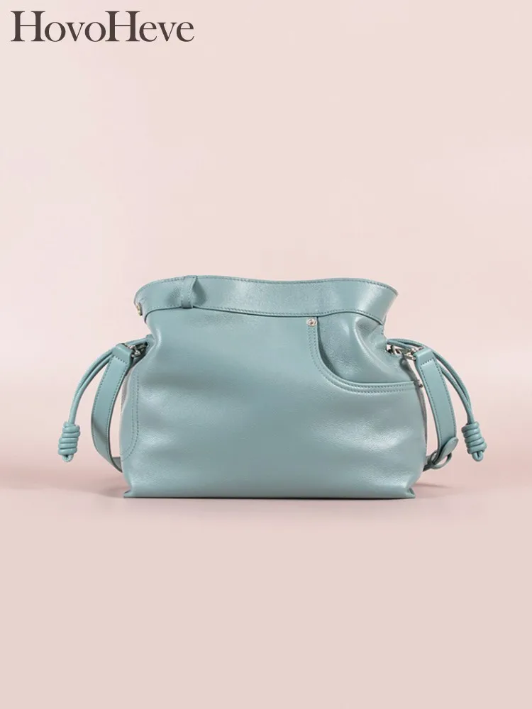 Casual Designer Women New Drawstring Solid Color Genuine Leather Single Shoulder Bag Fashion Office Ladies Soft Crossbody Bags