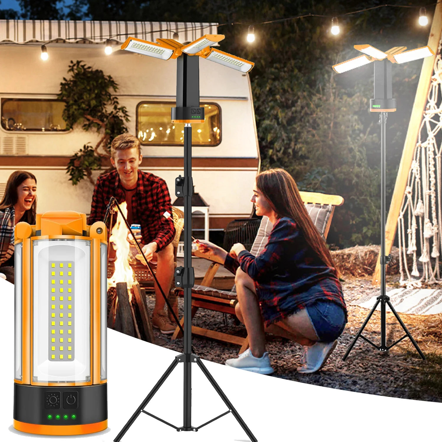 Rechargeable LED Spotlight with Tripod Portable Camping Lamp 4 Adjustable Heads Work Lamp for Construction Workshop Camping