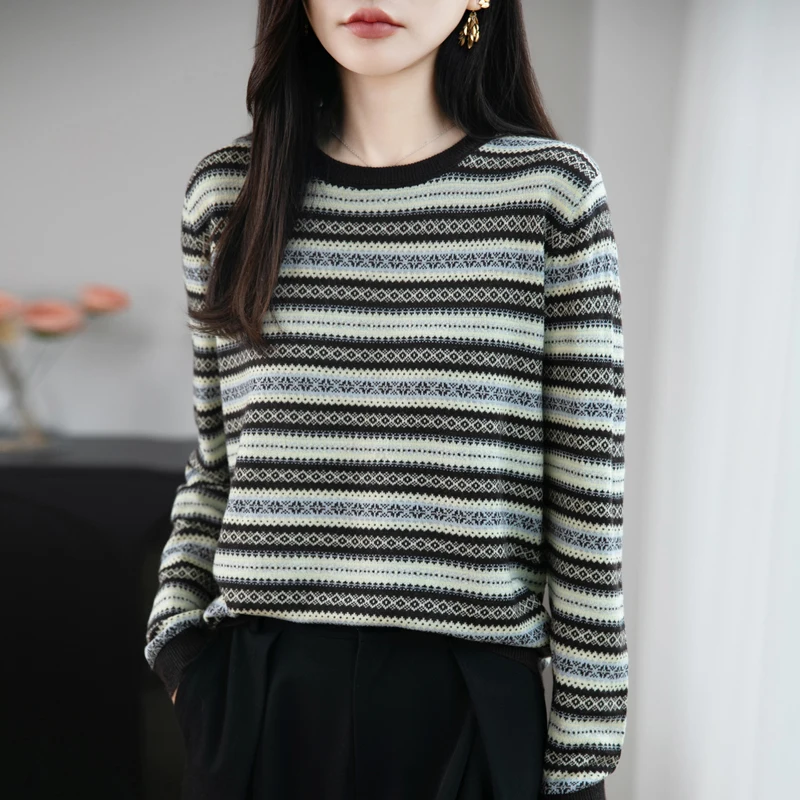 

Полосатый тонкий шерстяной вязаный свитер с цветными блоками для женщин, новый осенне-зимний базовый повседневный универсальный топ