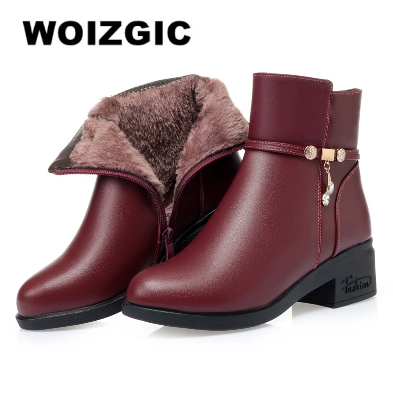 WOIZGIC Women's Mother Female Genuien Leather Shoes Ankle Boots Winter Fur Plush Wool Warm Zipper