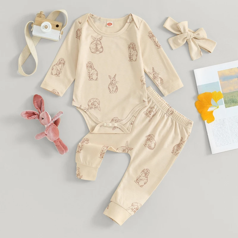 

Wankitoi Newborn Infant Baby Girls Easter Outfit Rabbit Print Long Sleeve Romper Long Pants Headband Bunny Clothes 3PCS Set
